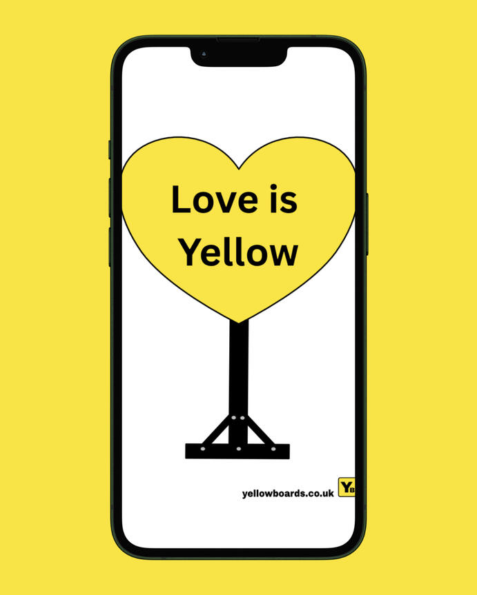 YELLOW BOARDS PHONE MOCK UP Yellow \Boards logo on a yellow back ground with a thin black frame